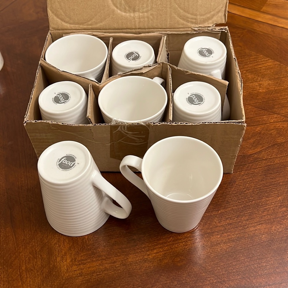 8 New, Never Used White Ribbed Coffee Mugs